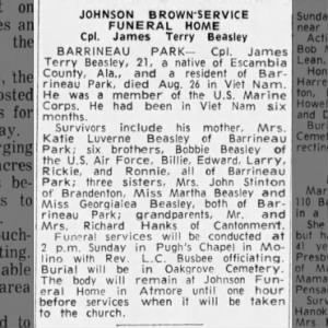 james terry beasley obituary, Pensacola News Journal, Sep 11, 1966, p 29